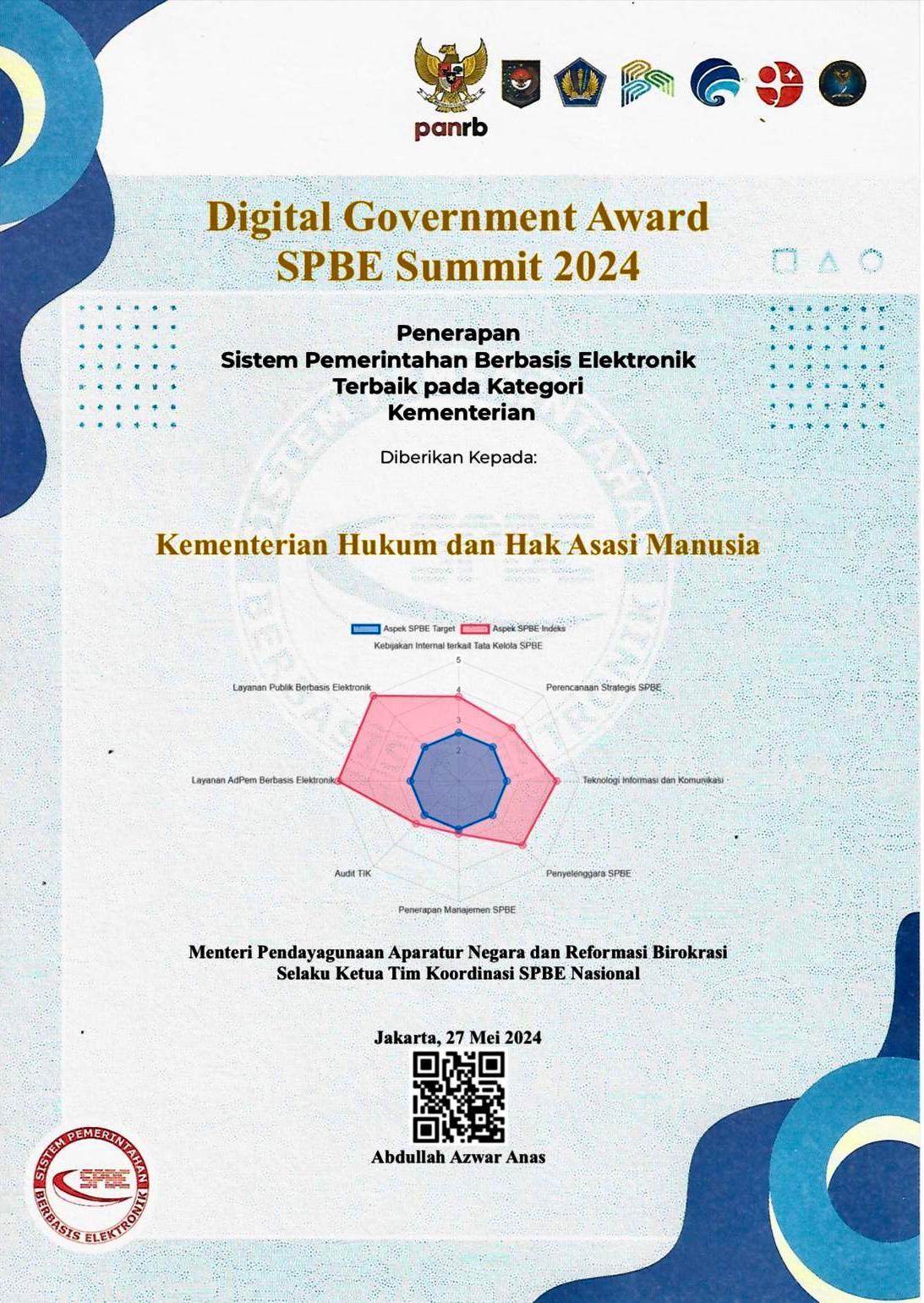 Kembali Raih Digital Government Award. Kemenkumham jadi Kementerian Terbaik dalam Penerapan SPBE