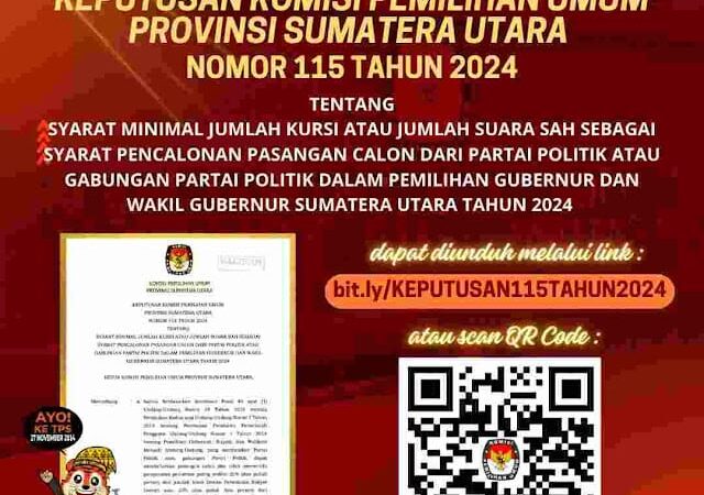 KPU Provinsi Sumut Putuskan Syarat Minimal Jumlah Kursi atau Suara Sah Calon Pemilihan Gubernur dan Wakil Tahun 2024