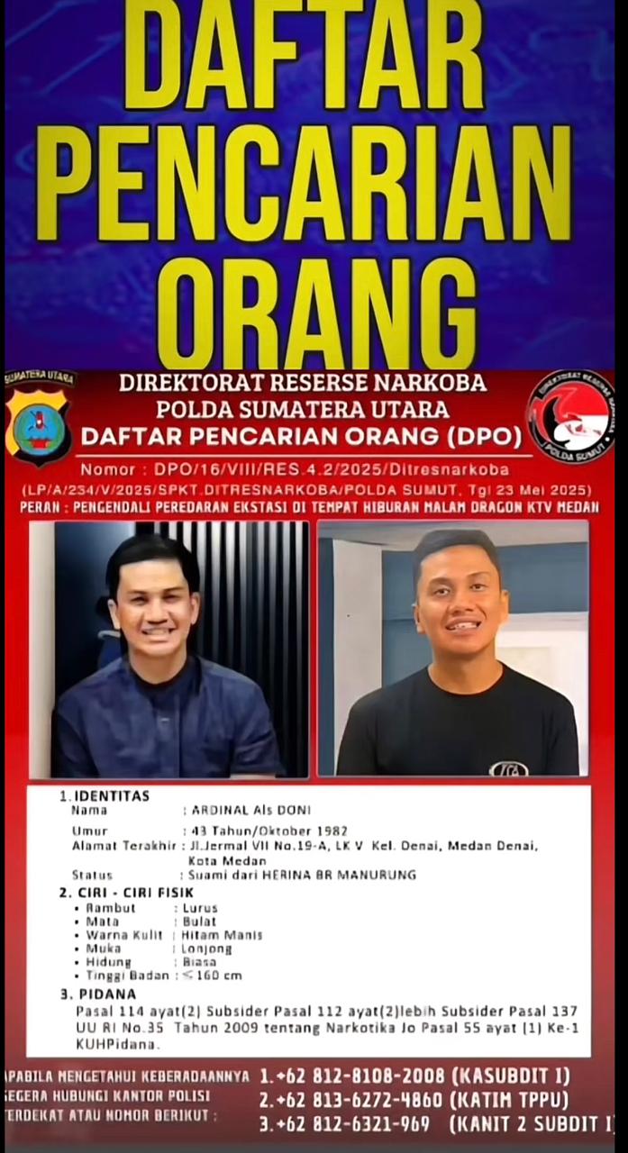 Dir Narkoba Polda Sumut Terbitkan DPO 2 Pria Pengendali Narkoba Hiburan Malam Dragon KTV Medan