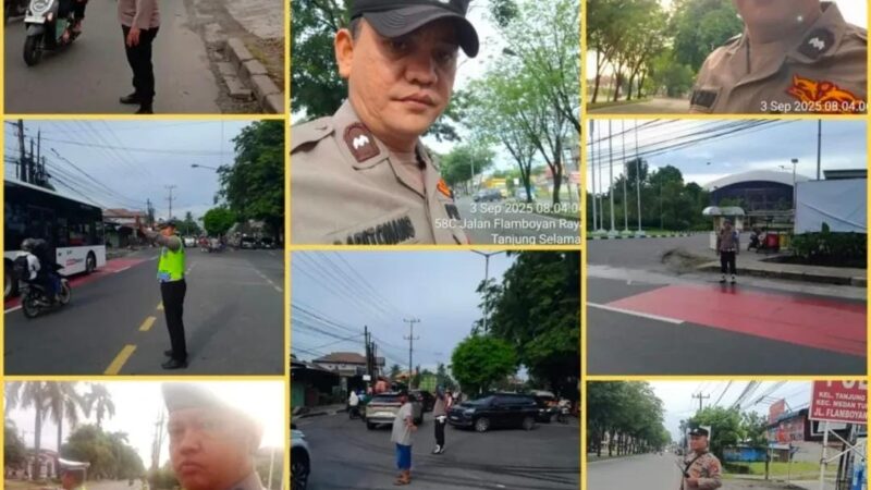 Polsek Medan Tuntungan Gelar Strong Point di Simpang Simalingkar, Wujudkan Lalu Lintas Aman dan Lancar